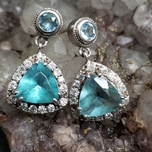 Vintage Blue Topaz, Cubic Zirconias and Sterling Earrings
